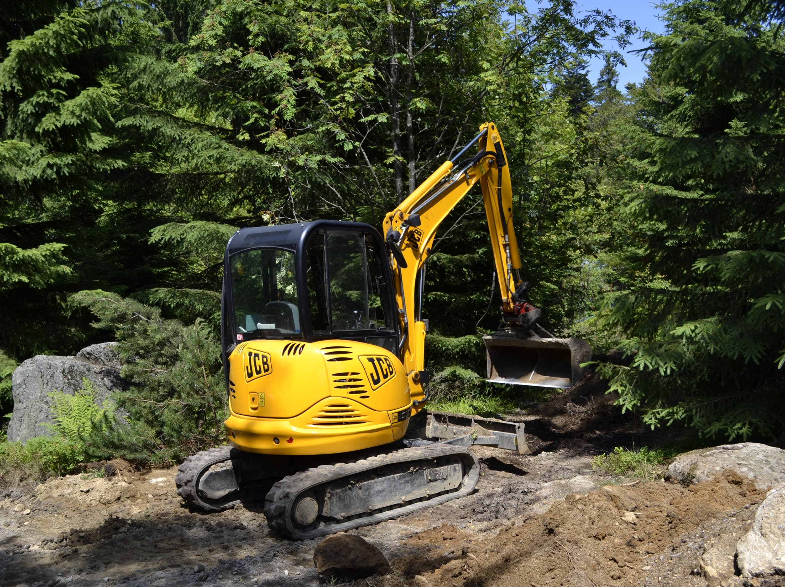 JCB mini excavator working in a forest clearing